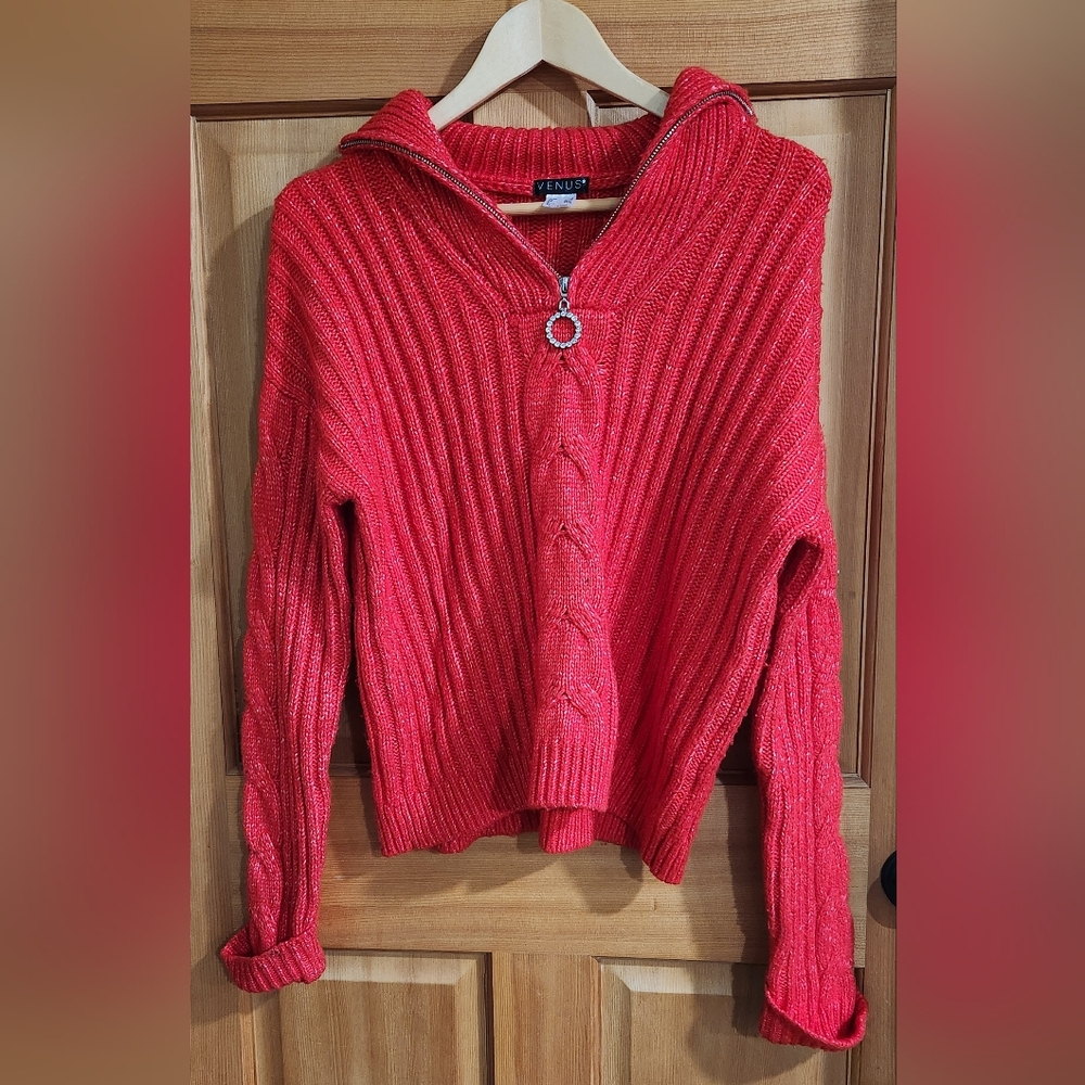 Red Sweater with Collar Detail